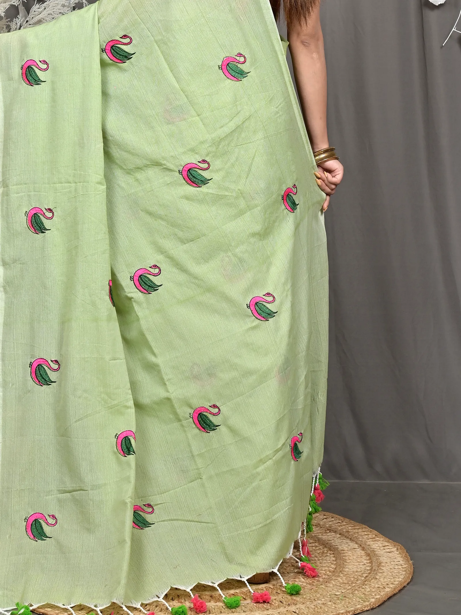 See Green Pure Cotton Norvi Embroidery Handloom saree (2286)