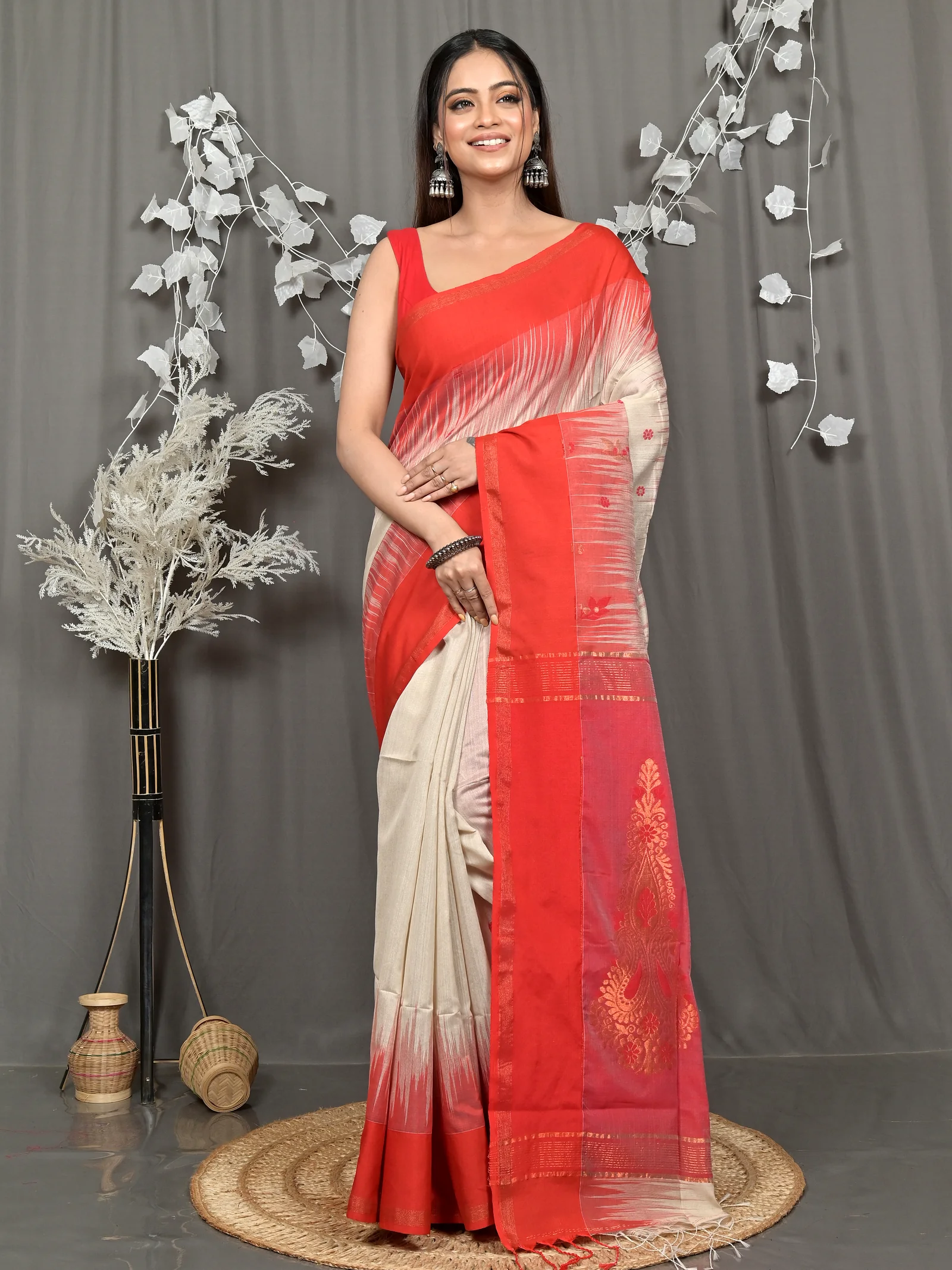 Red Cream Cotton Blend Parlkim Ikkat Jharna Saree (2287)