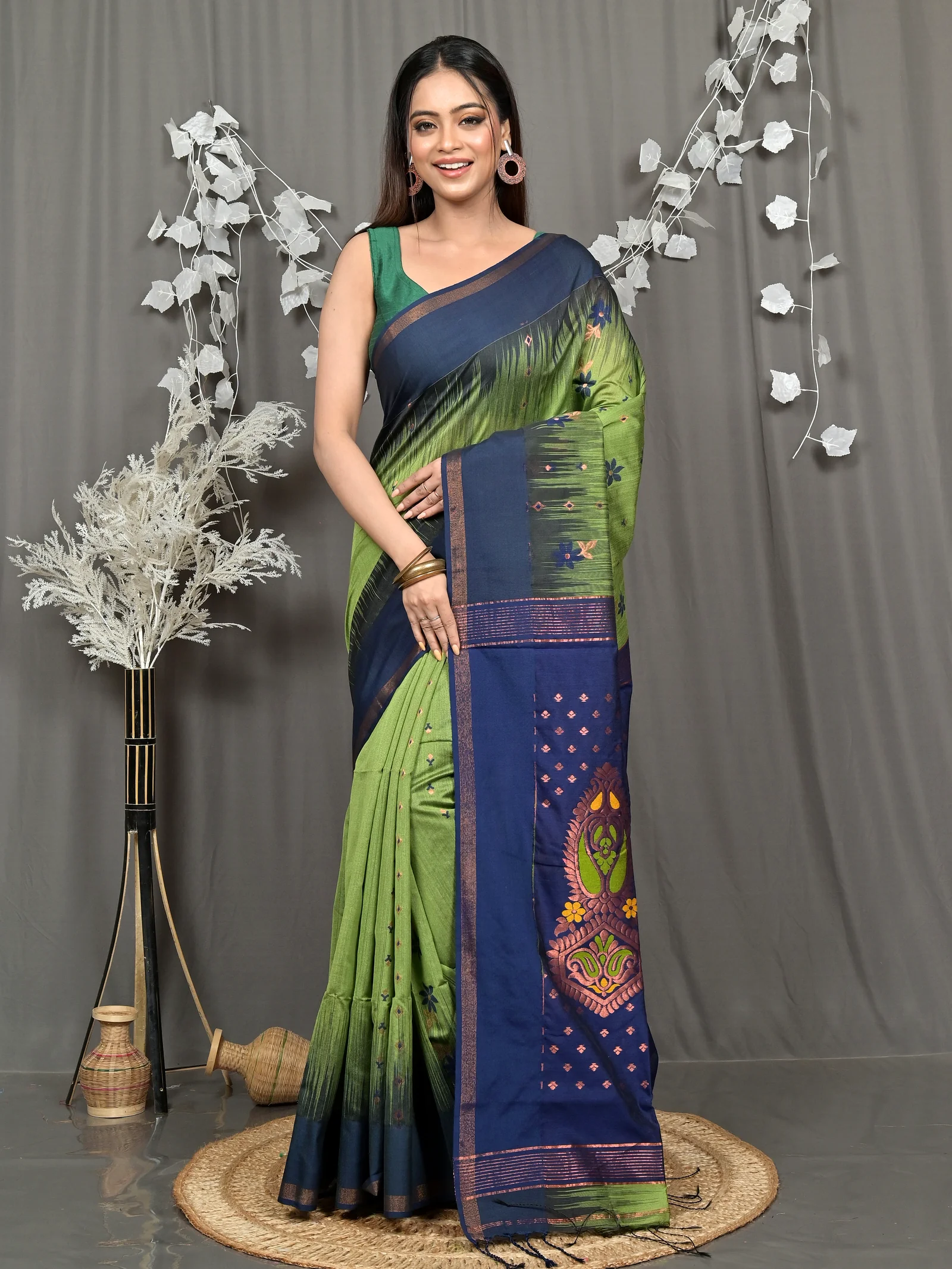 Green Blue Cotton Blend Parlkim Ikkat Jharna Saree (2288)