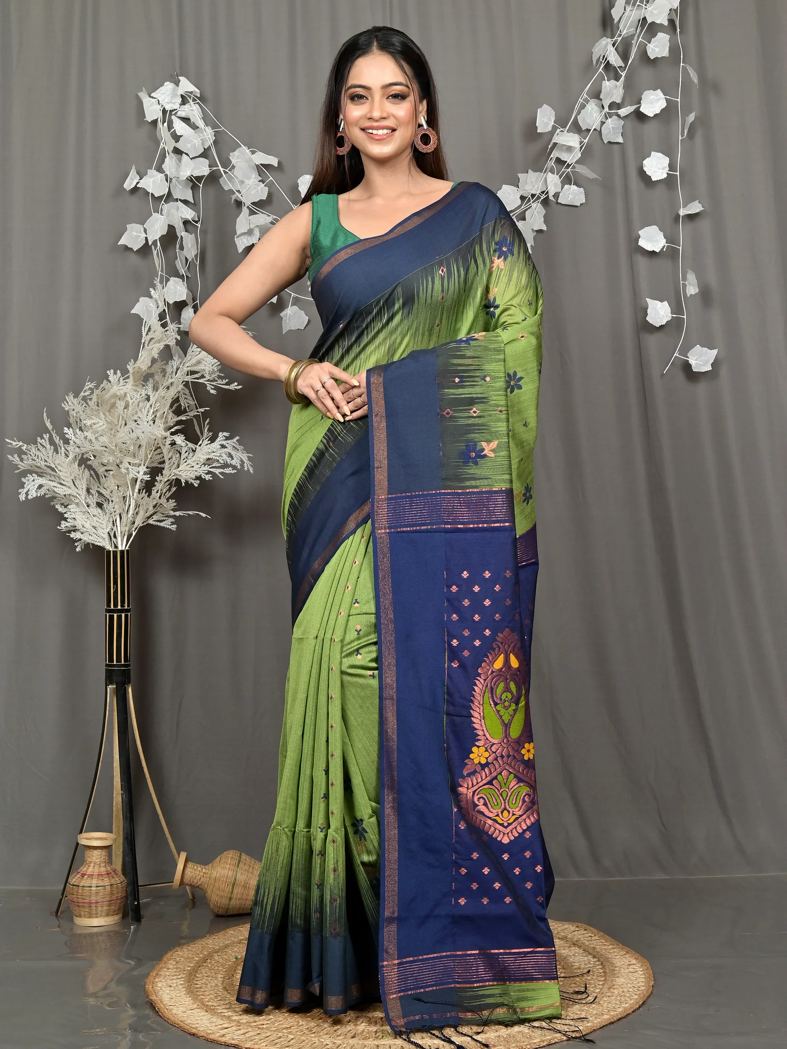Green Blue Cotton Blend Parlkim Ikkat Jharna Saree (2288)