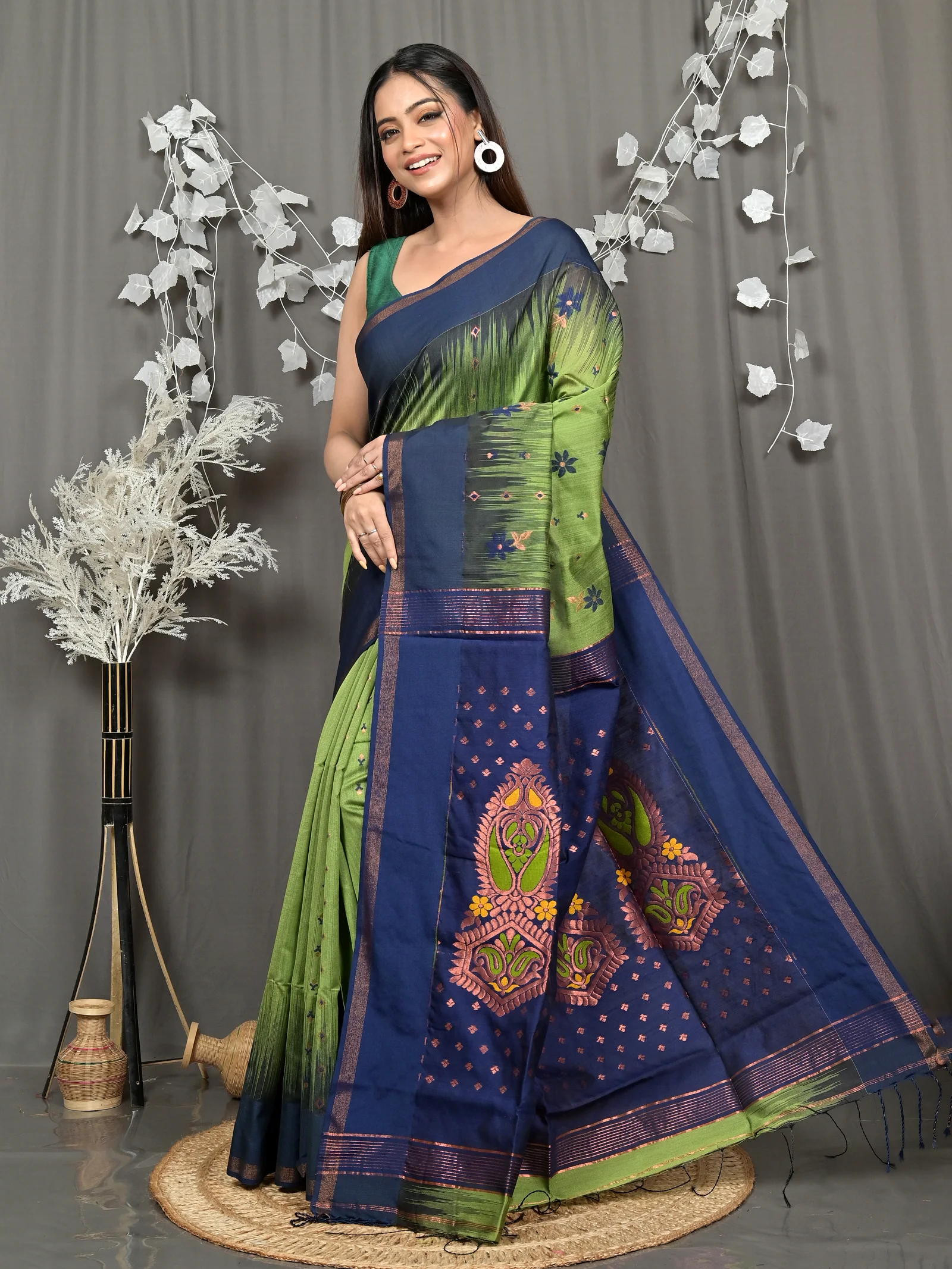 Green Blue Cotton Blend Parlkim Ikkat Jharna Saree (2288)