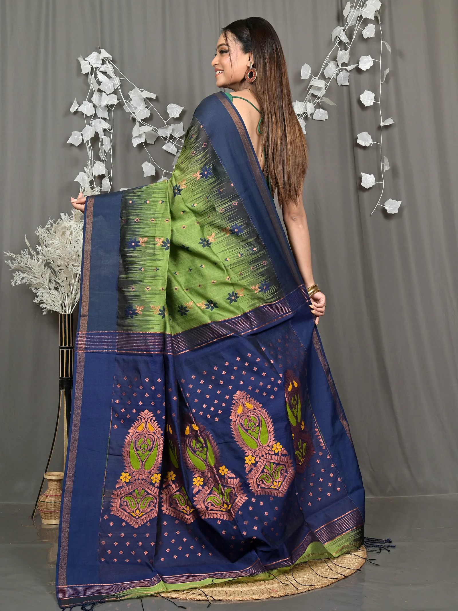 Green Blue Cotton Blend Parlkim Ikkat Jharna Saree (2288)