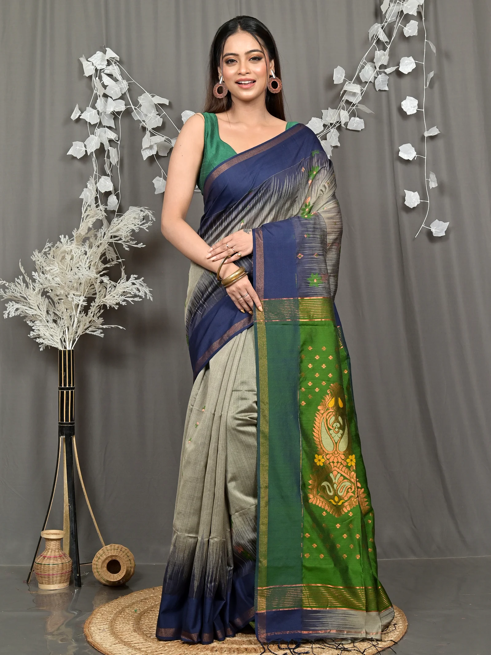 Grey Green Cotton Blend Parlkim Ikkat Jharna Saree (2289)