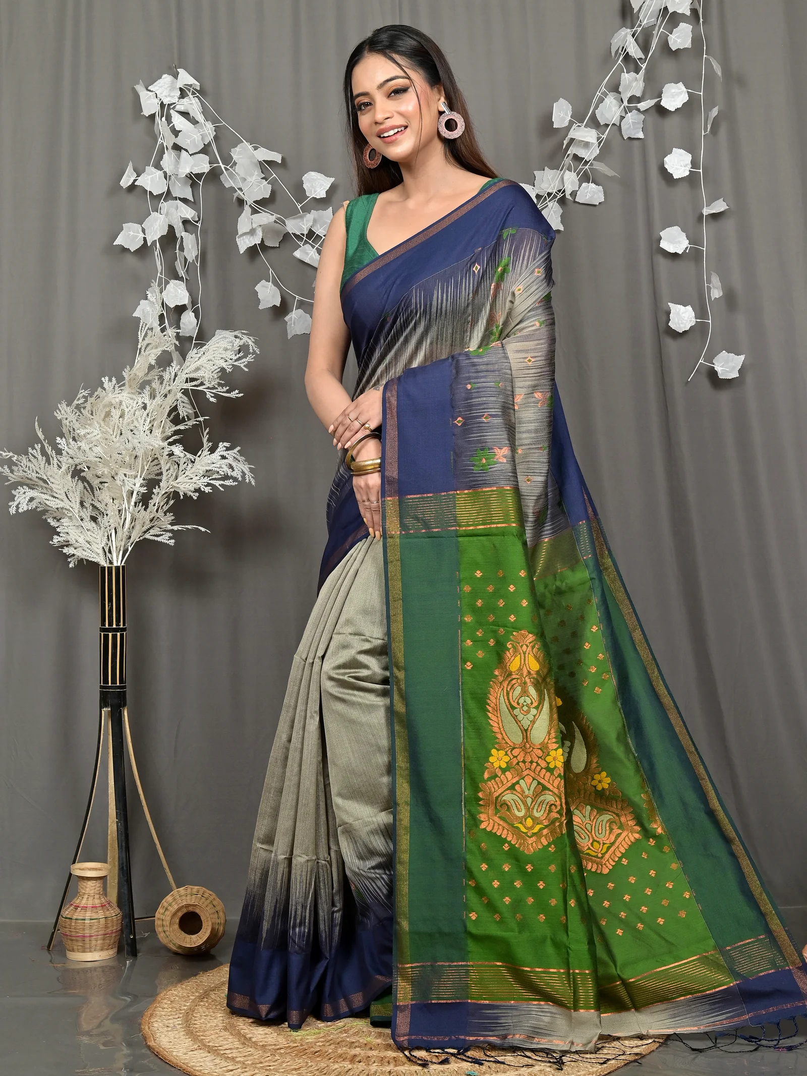 Grey Green Cotton Blend Parlkim Ikkat Jharna Saree (2289)