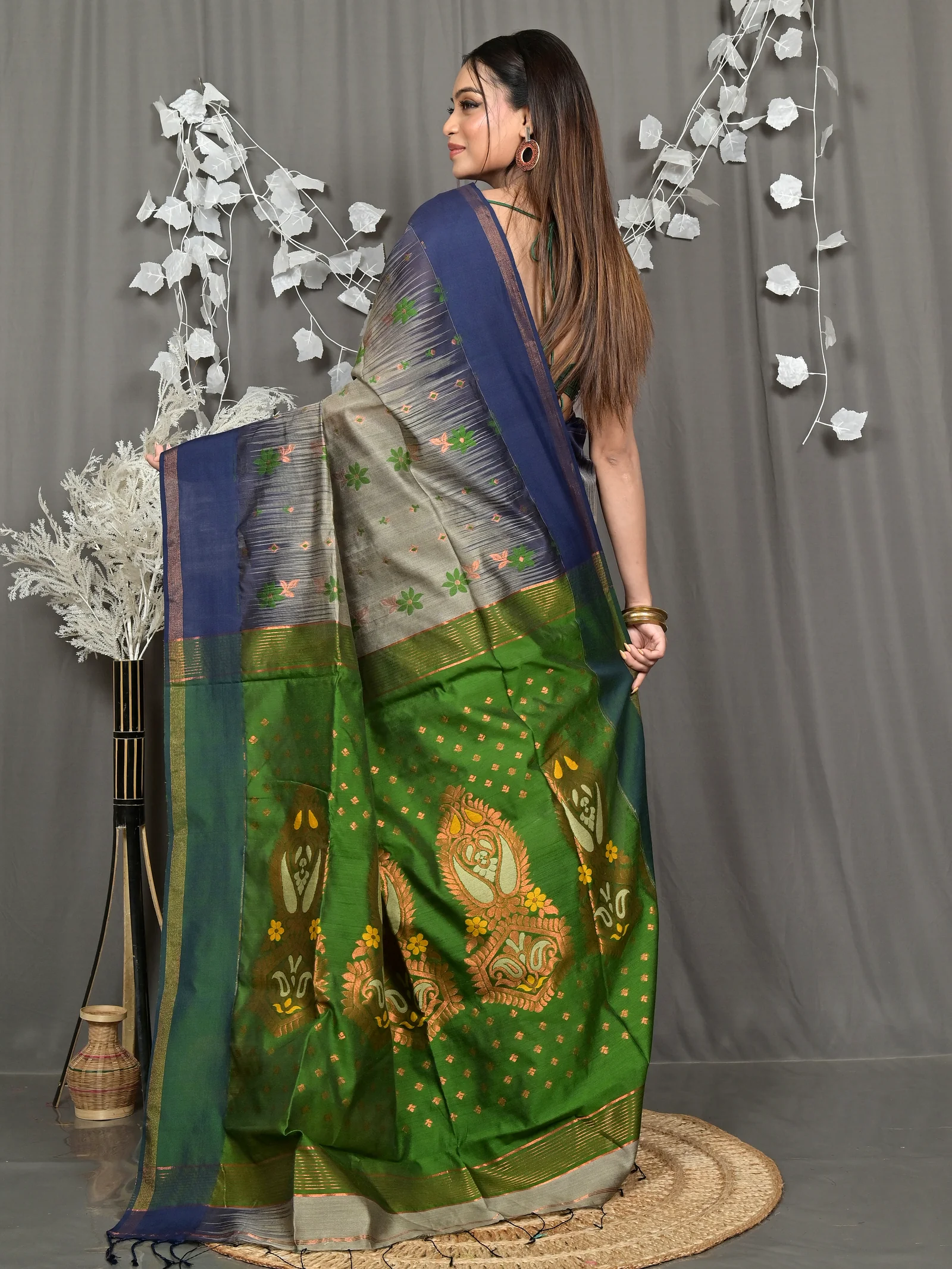 Grey Green Cotton Blend Parlkim Ikkat Jharna Saree (2289)