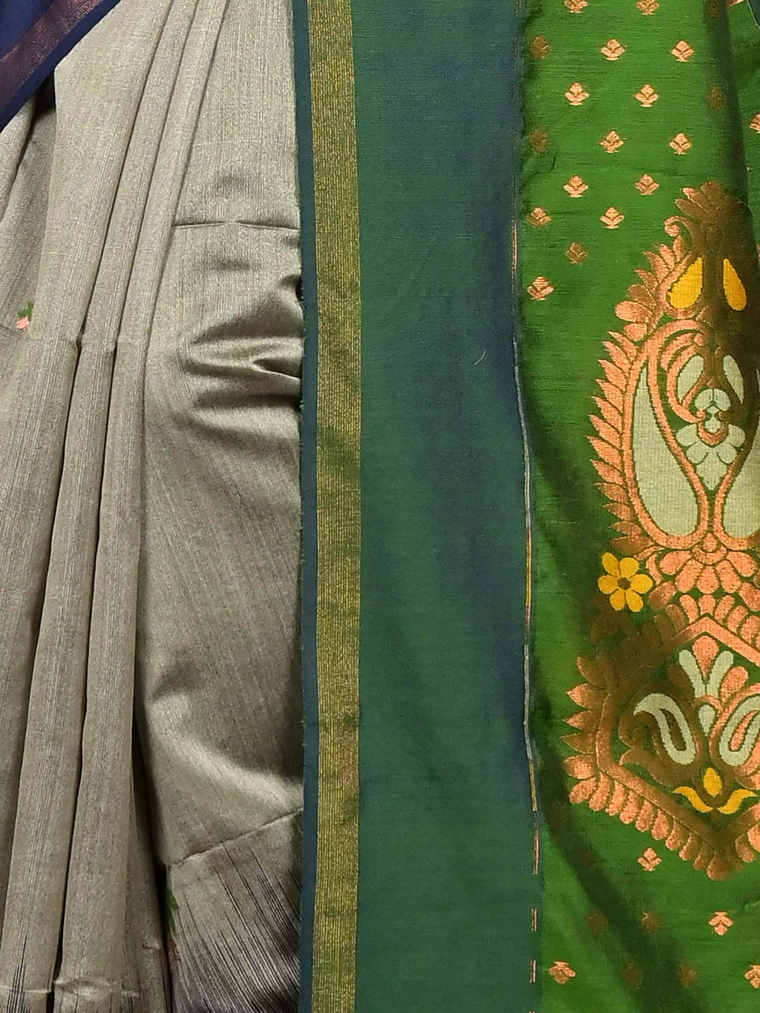 Grey Green Cotton Blend Parlkim Ikkat Jharna Saree (2289)