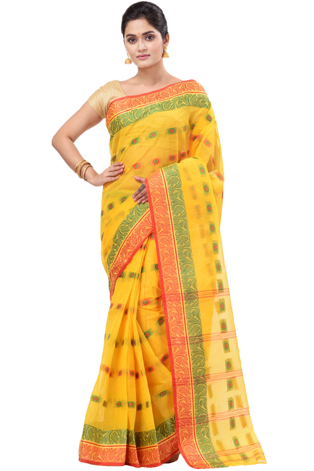 Yellow Pure Cotton Pushti Desiging Tant Saree (229)