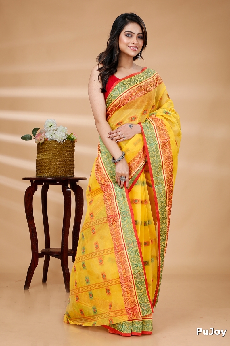 Yellow Pure Cotton Pushti Desiging Tant Saree (229)