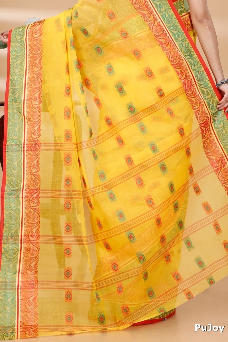 Yellow Pure Cotton Pushti Desiging Tant Saree (229)
