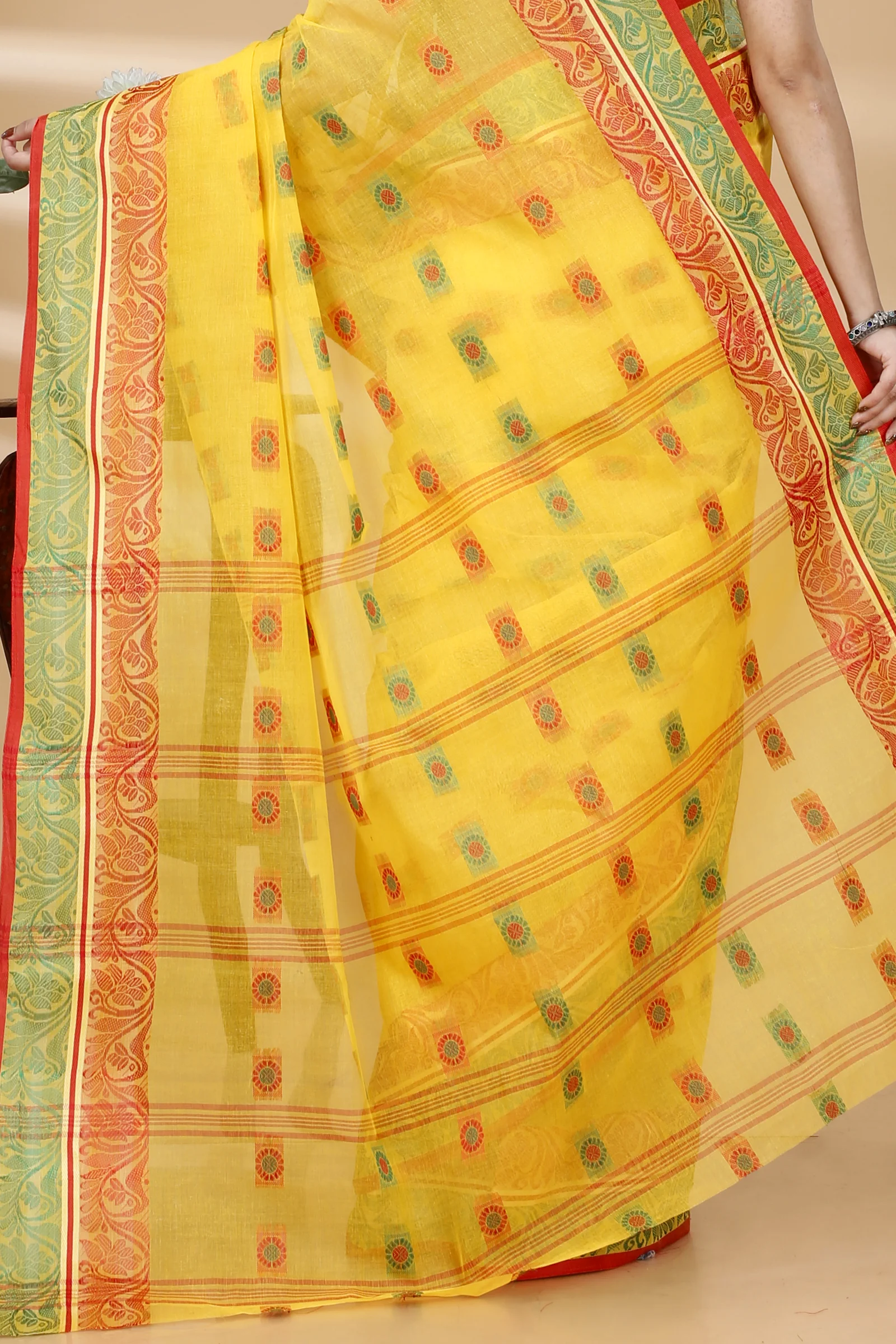 Yellow Pure Cotton Pushti Desiging Tant Saree (229)