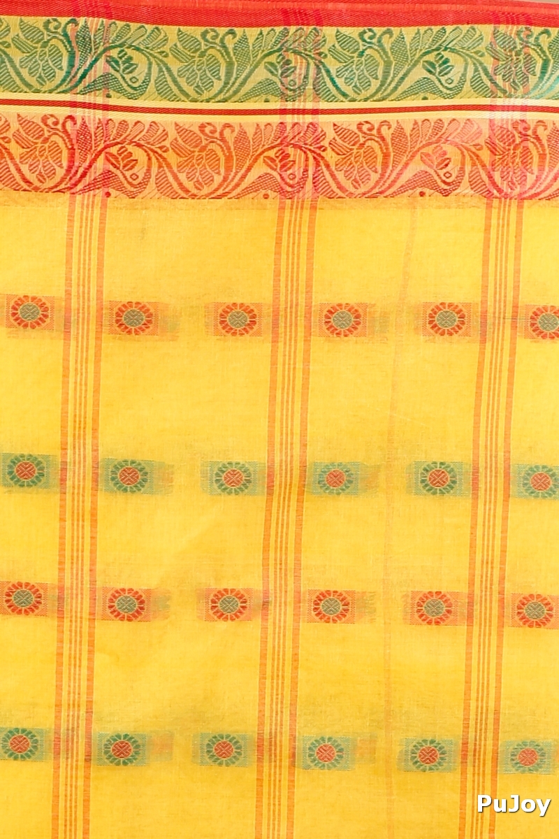 Yellow Pure Cotton Pushti Desiging Tant Saree (229)