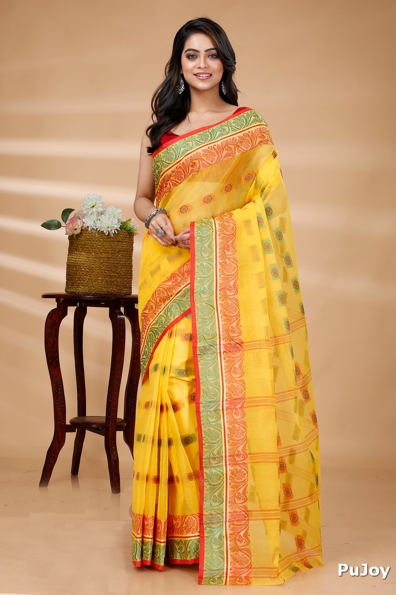 Yellow Pure Cotton Pushti Desiging Tant Saree (229)