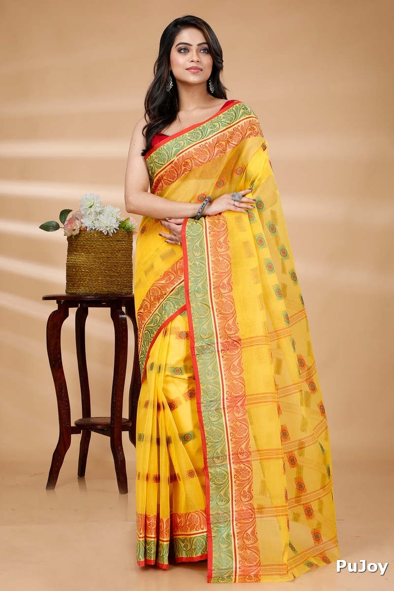 Yellow Pure Cotton Pushti Desiging Tant Saree (229)