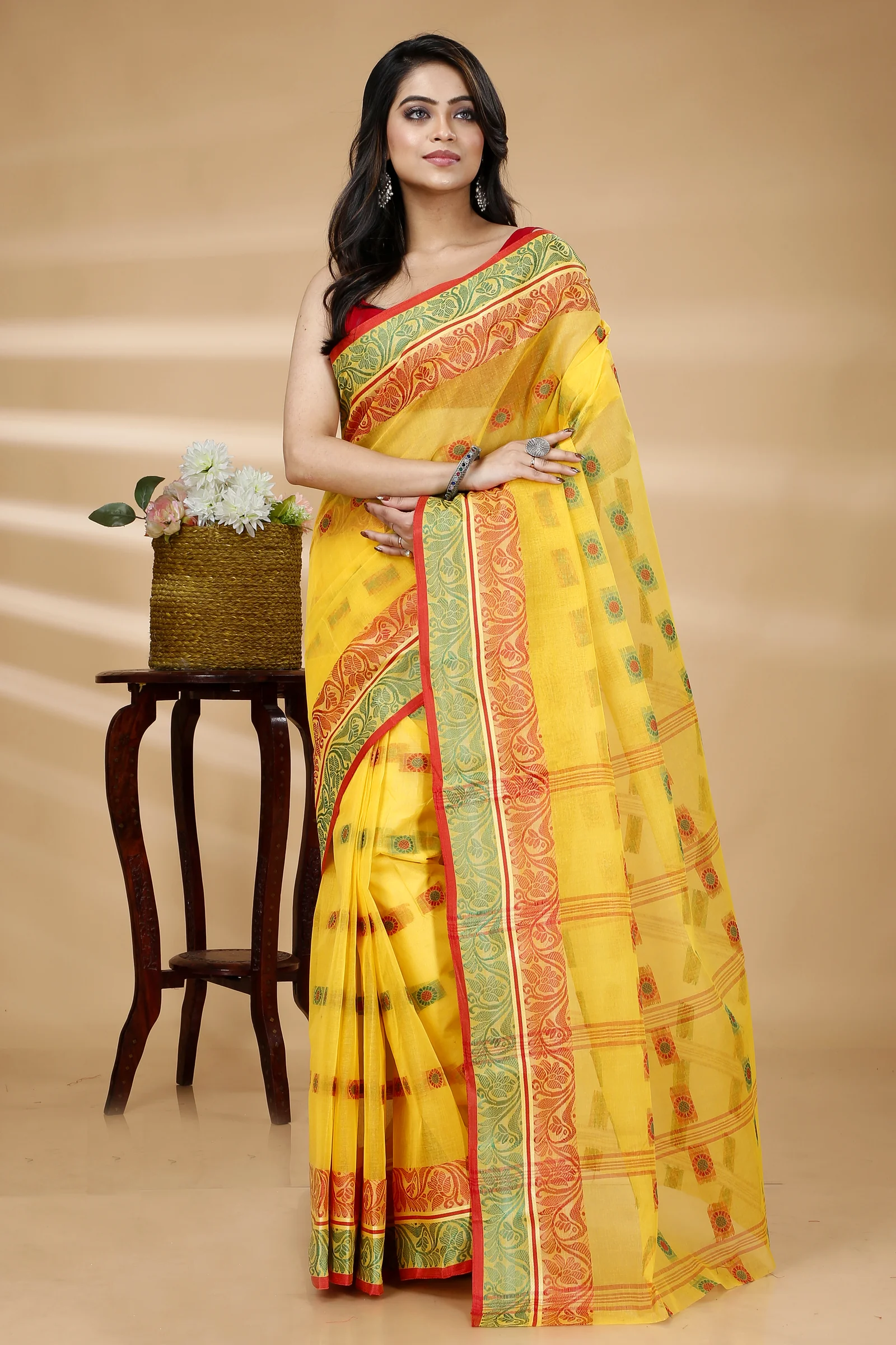 Yellow Pure Cotton Pushti Desiging Tant Saree (229)