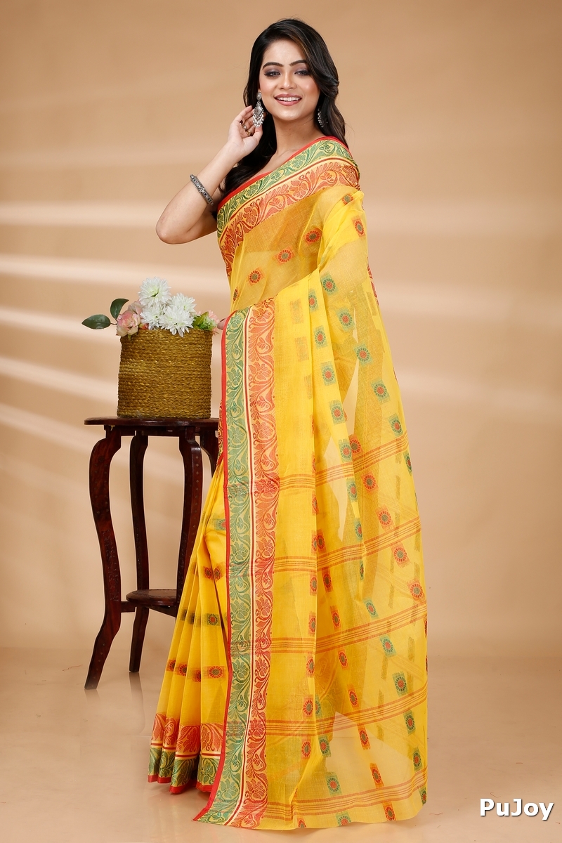 Yellow Pure Cotton Pushti Desiging Tant Saree (229)
