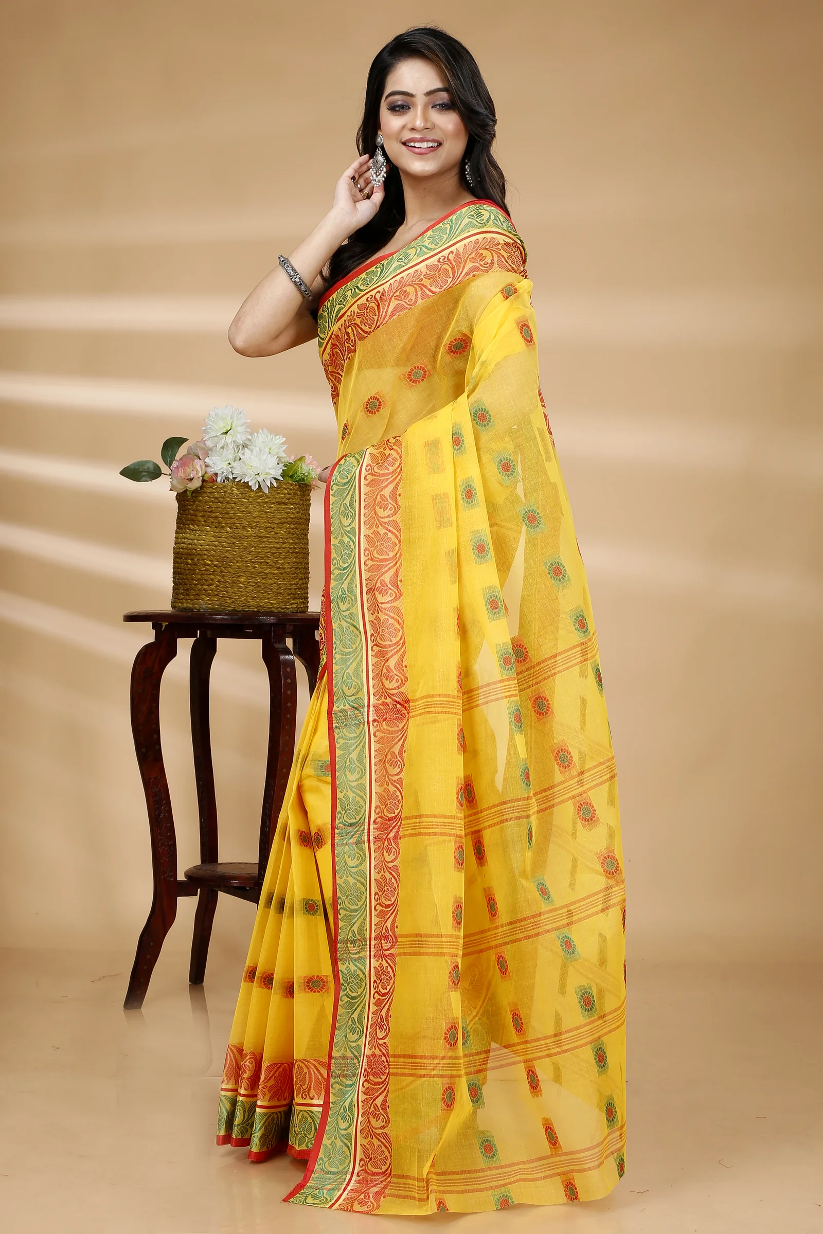 Yellow Pure Cotton Pushti Desiging Tant Saree (229)