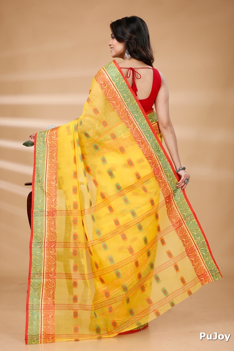 Yellow Pure Cotton Pushti Desiging Tant Saree (229)