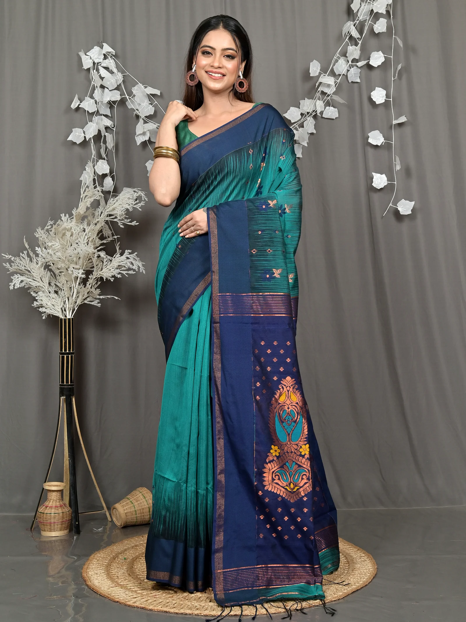 Green Naby Blue Cotton Blend Parlkim Ikkat Jharna Saree (2290)