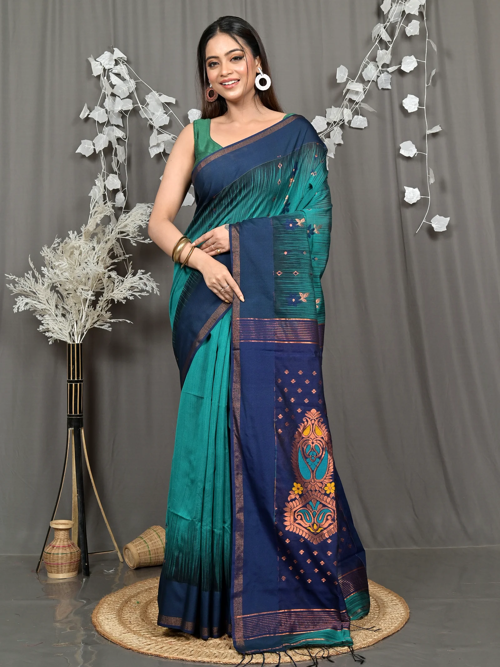 Green Naby Blue Cotton Blend Parlkim Ikkat Jharna Saree (2290)