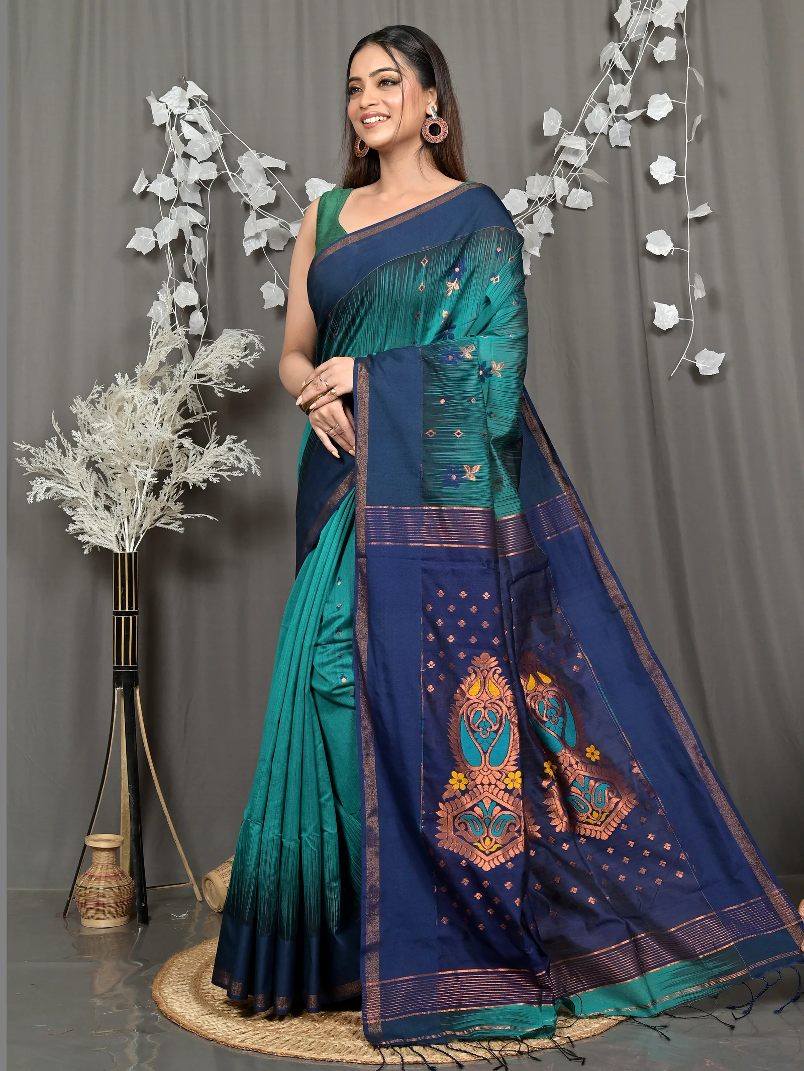 Green Naby Blue Cotton Blend Parlkim Ikkat Jharna Saree (2290)