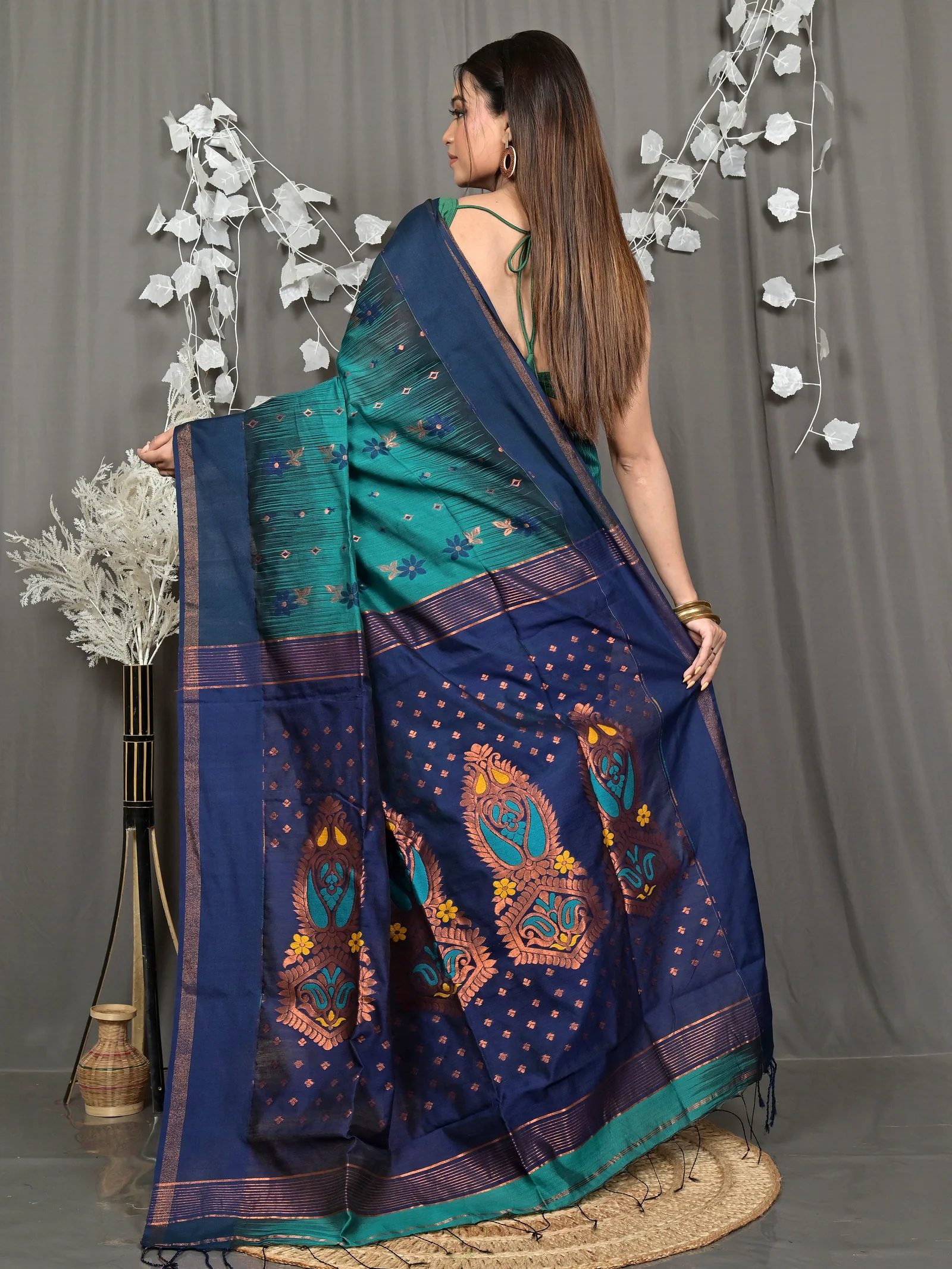 Green Naby Blue Cotton Blend Parlkim Ikkat Jharna Saree (2290)
