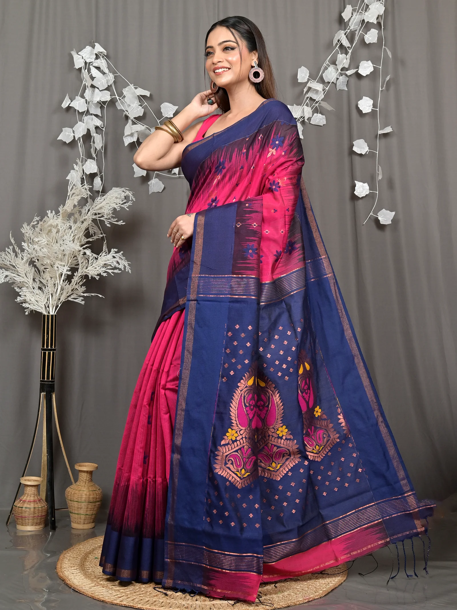 Purpel Blue Cotton Blend Parlkim Ikkat Jharna Saree (2291)