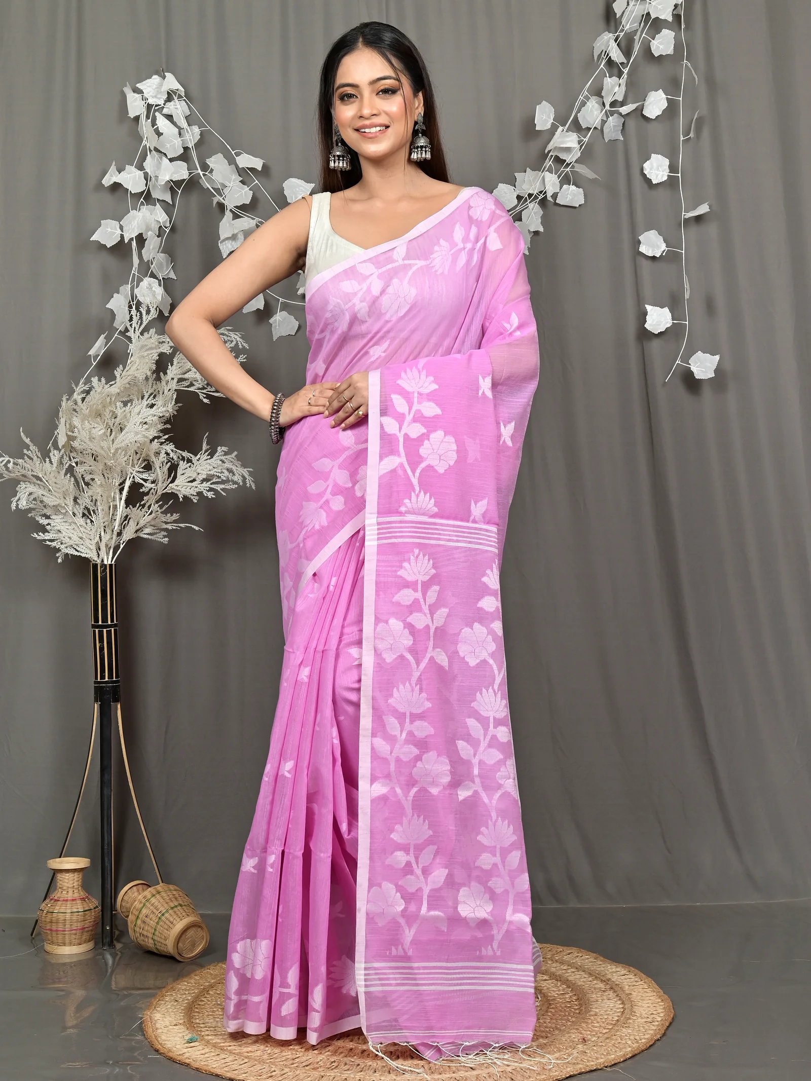 Pink Cotton Blend Parlon Handloom Saree (2292)