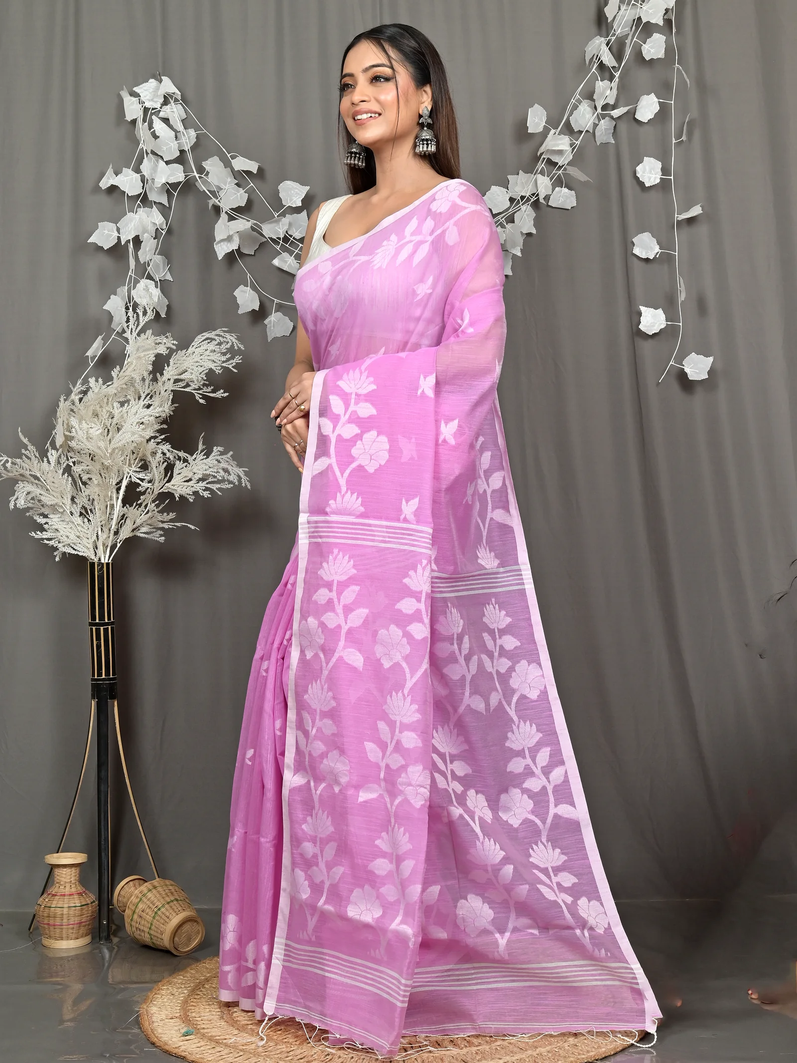 Pink Cotton Blend Parlon Handloom Saree (2292)