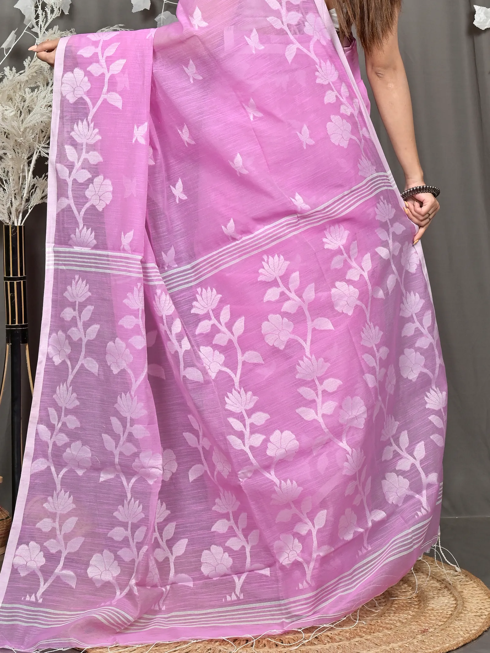 Pink Cotton Blend Parlon Handloom Saree (2292)