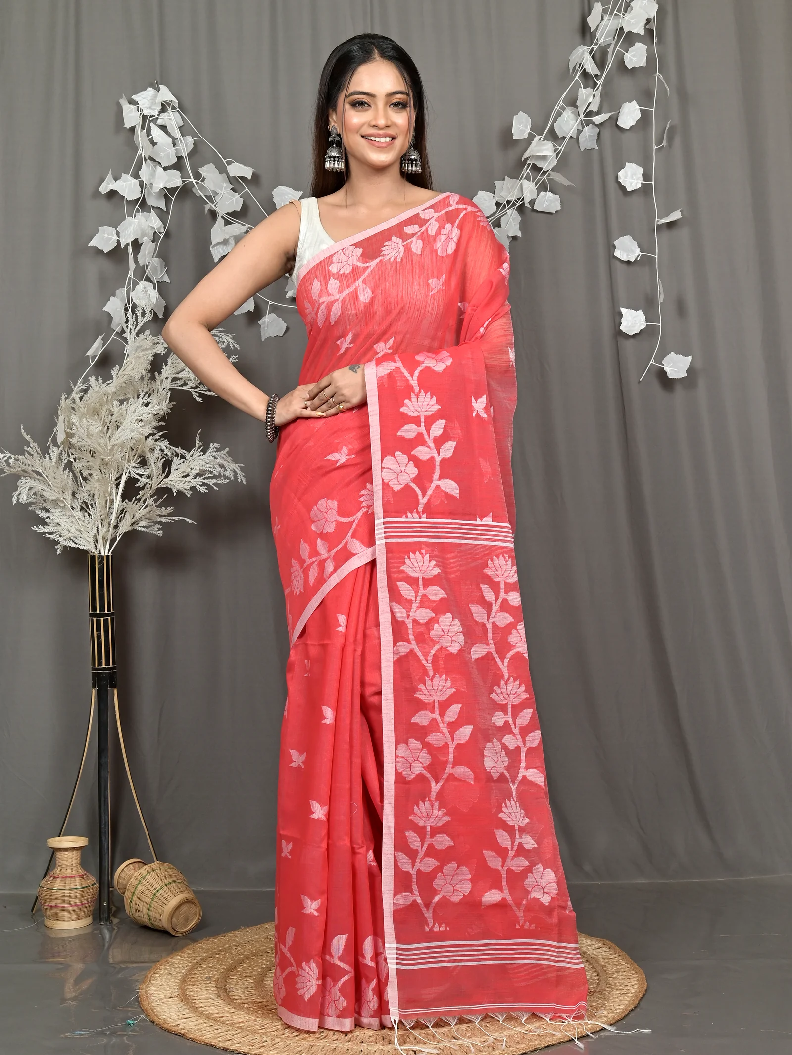 Red Cotton Blend Parlon Handloom Saree (2293)