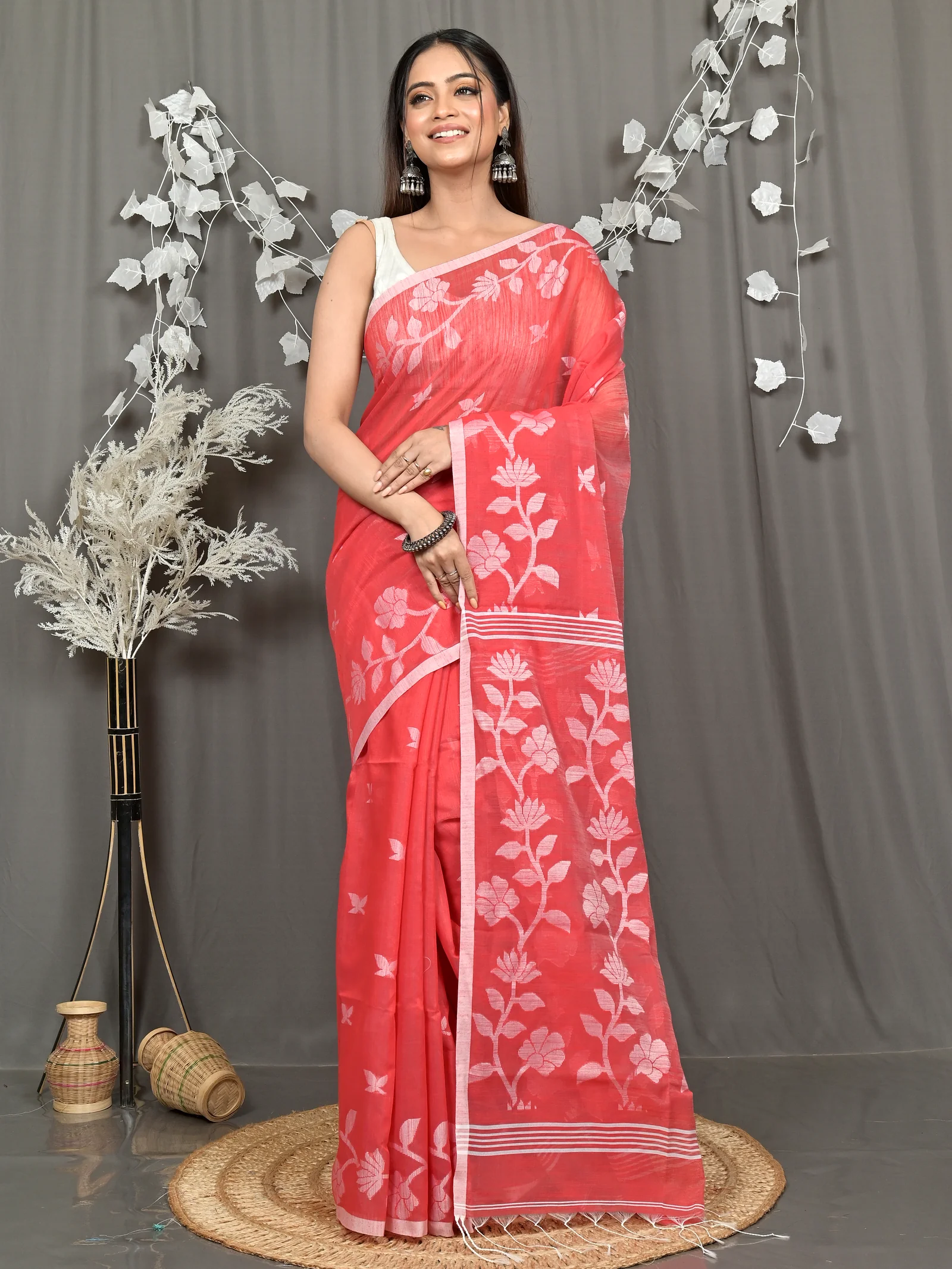 Red Cotton Blend Parlon Handloom Saree (2293)