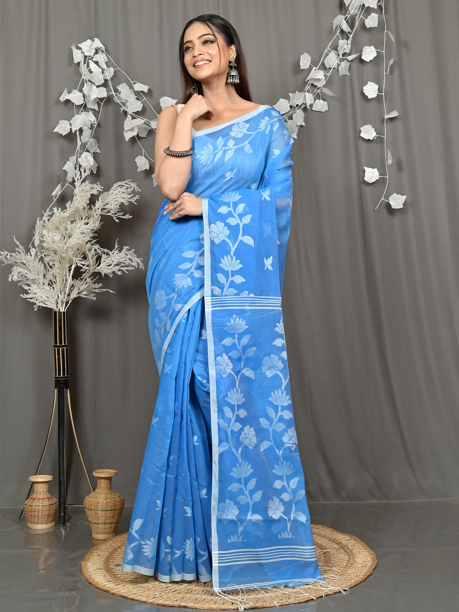 Sky Blue Cotton Blend Parlon Handloom Saree (2294)