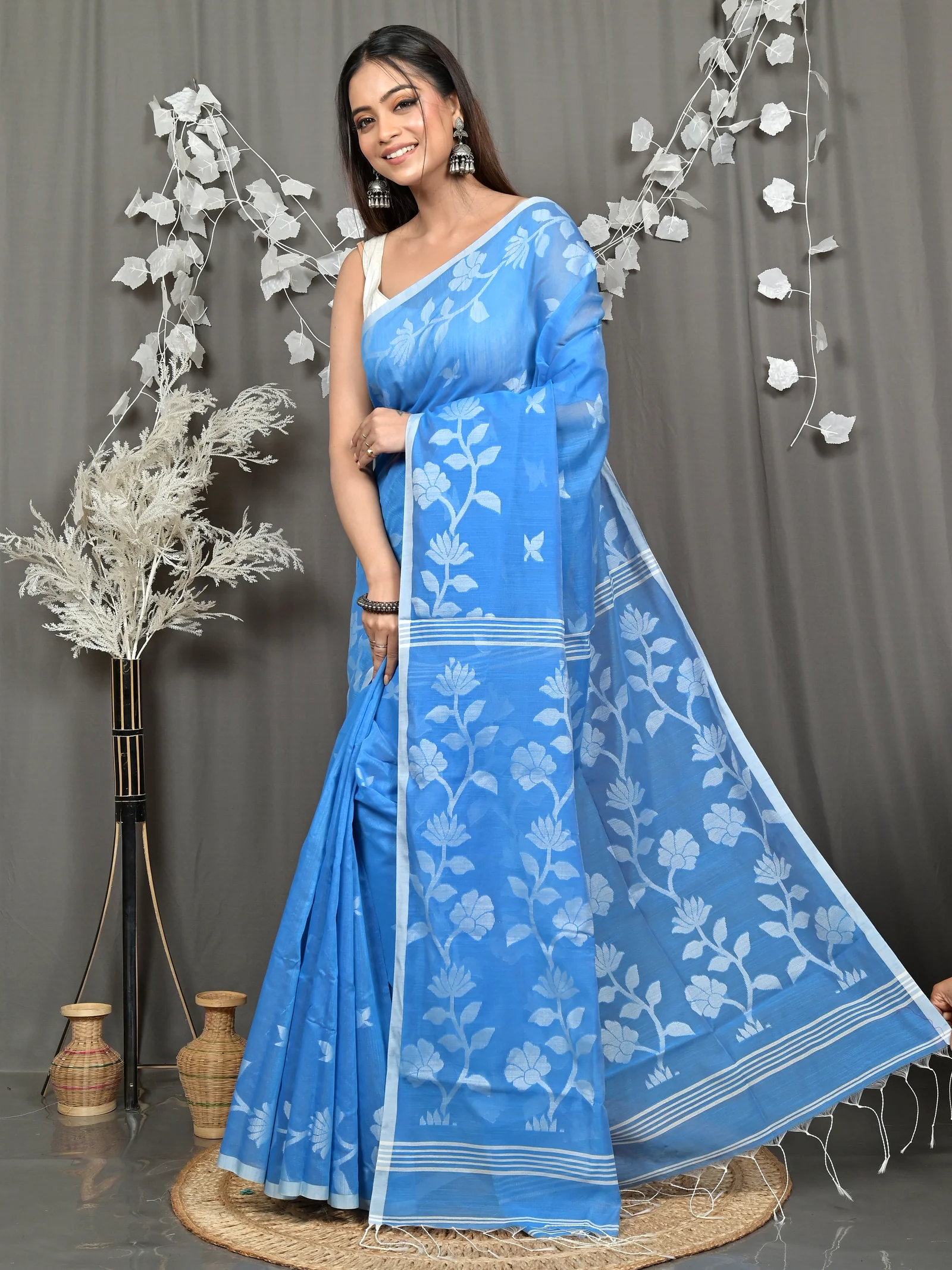 Sky Blue Cotton Blend Parlon Handloom Saree (2294)