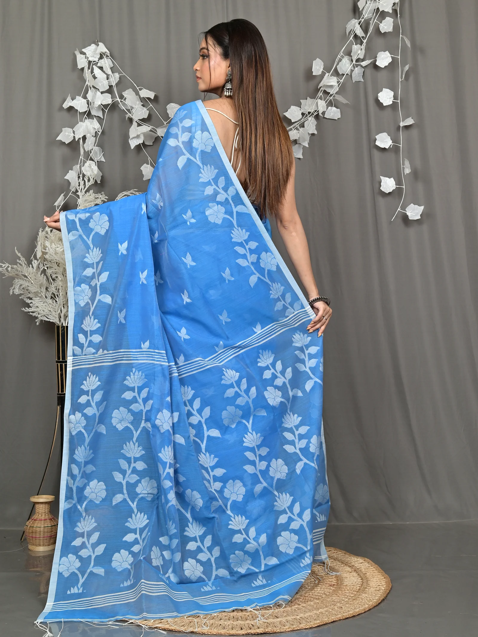 Sky Blue Cotton Blend Parlon Handloom Saree (2294)