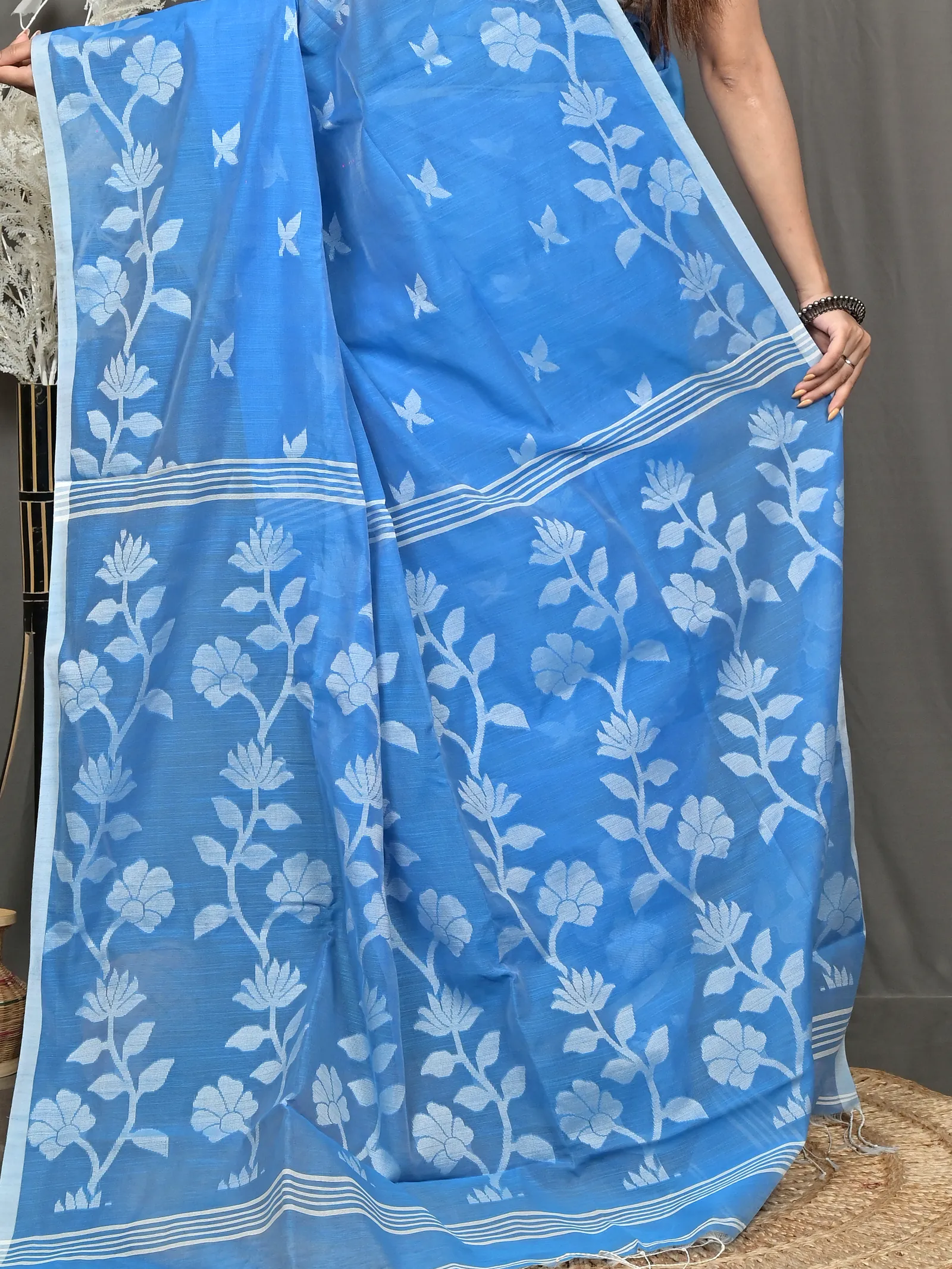 Sky Blue Cotton Blend Parlon Handloom Saree (2294)