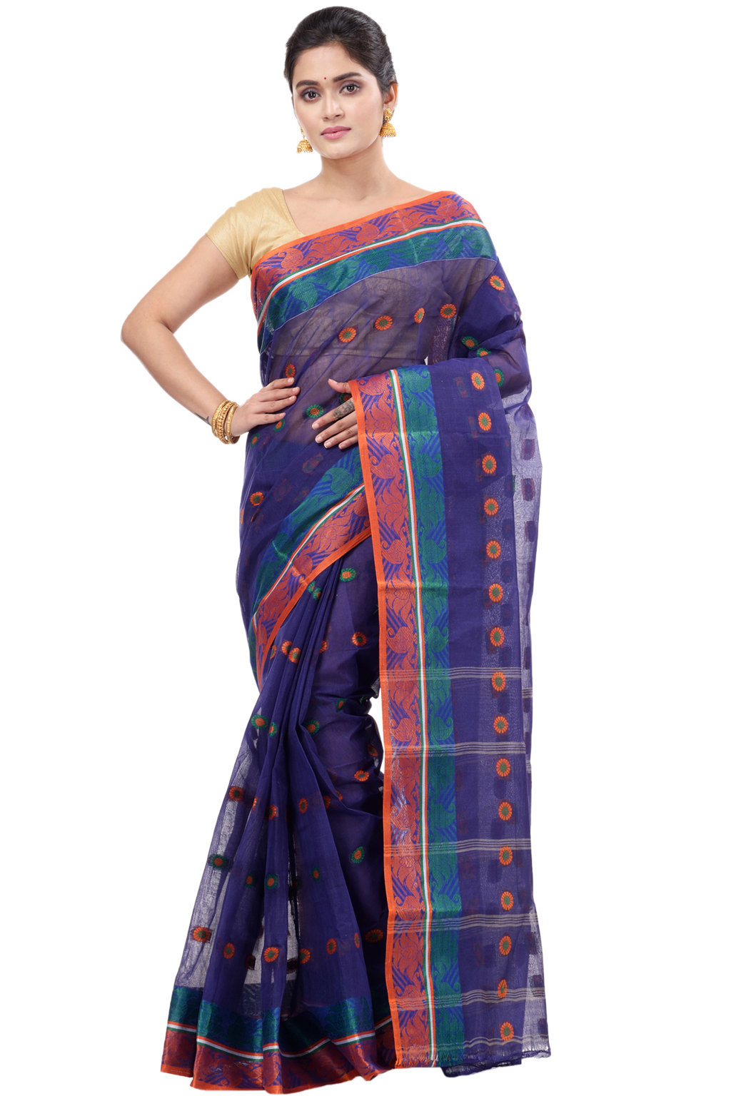 Blue Pure Cotton Pushti Desiging Tant Saree (230)