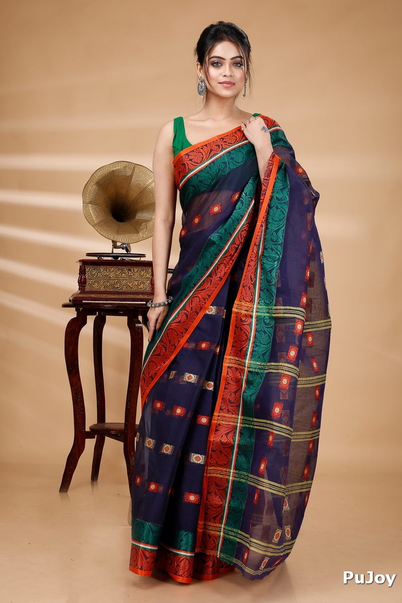 Blue Pure Cotton Pushti Desiging Tant Saree (230)
