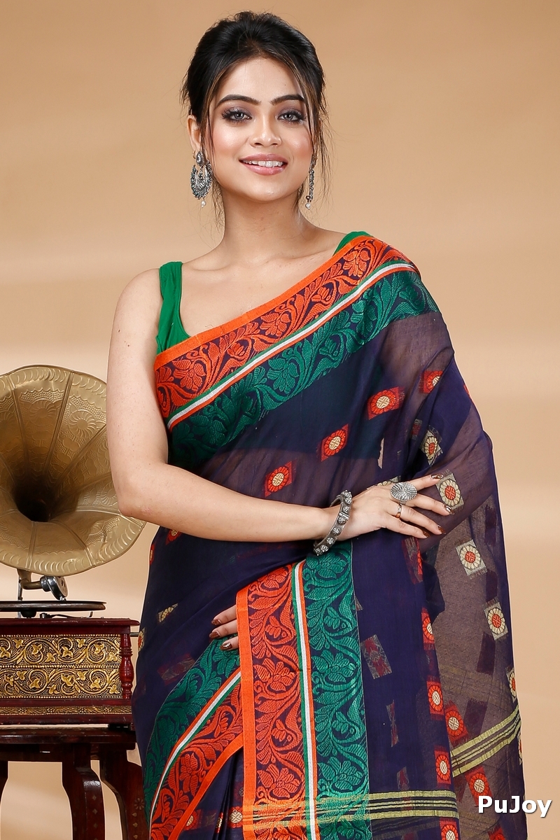 Blue Pure Cotton Pushti Desiging Tant Saree (230)