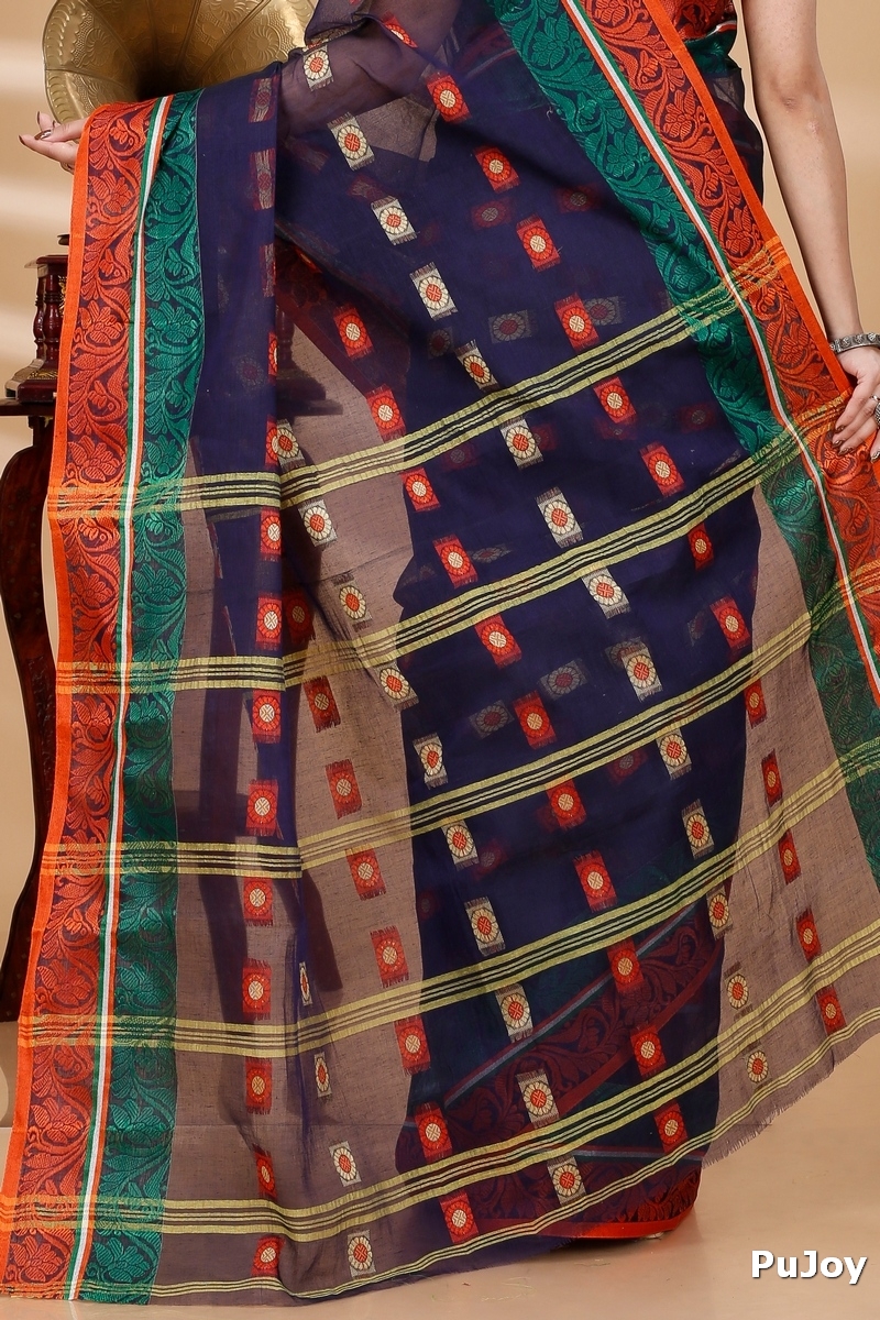 Blue Pure Cotton Pushti Desiging Tant Saree (230)