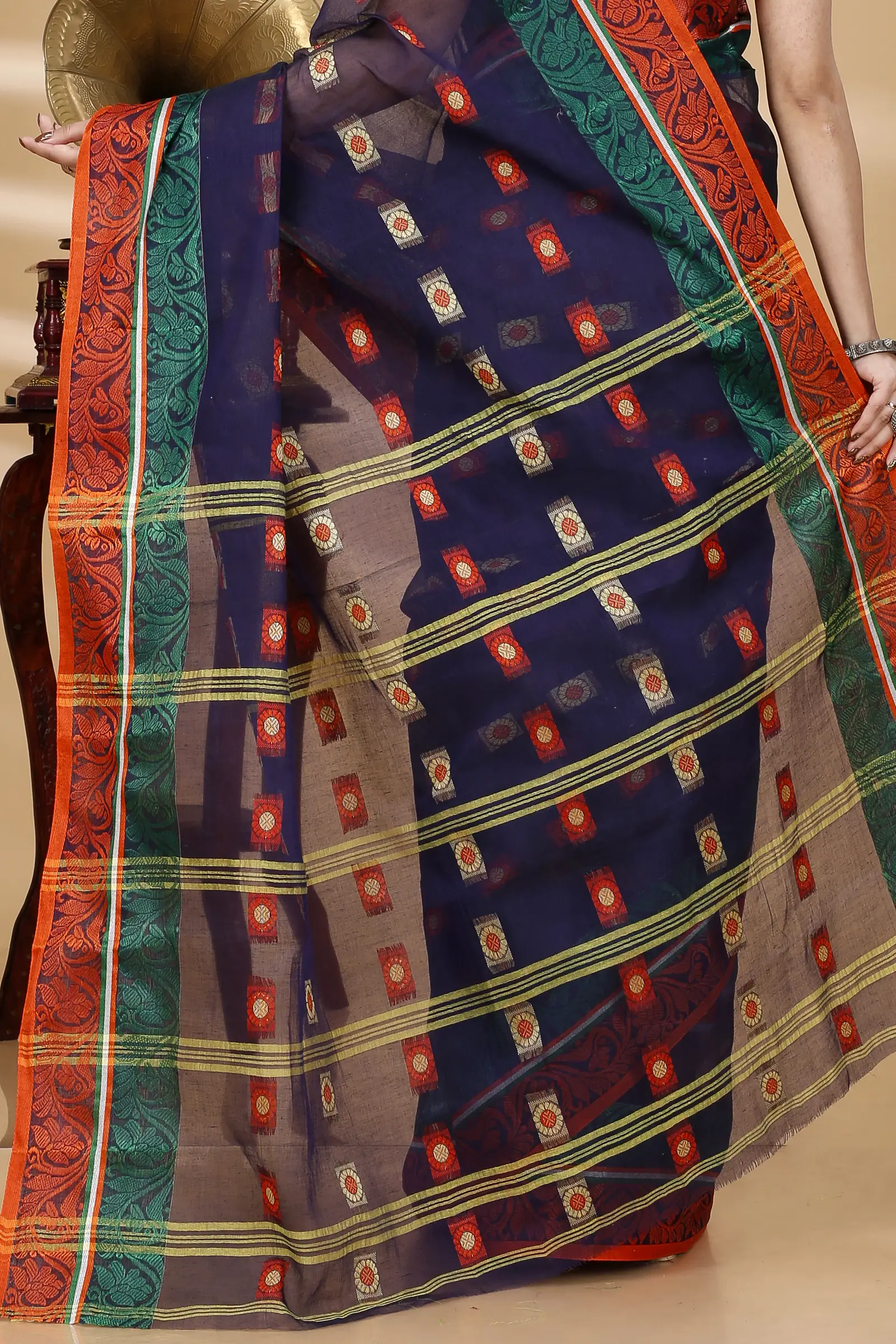 Blue Pure Cotton Pushti Desiging Tant Saree (230)