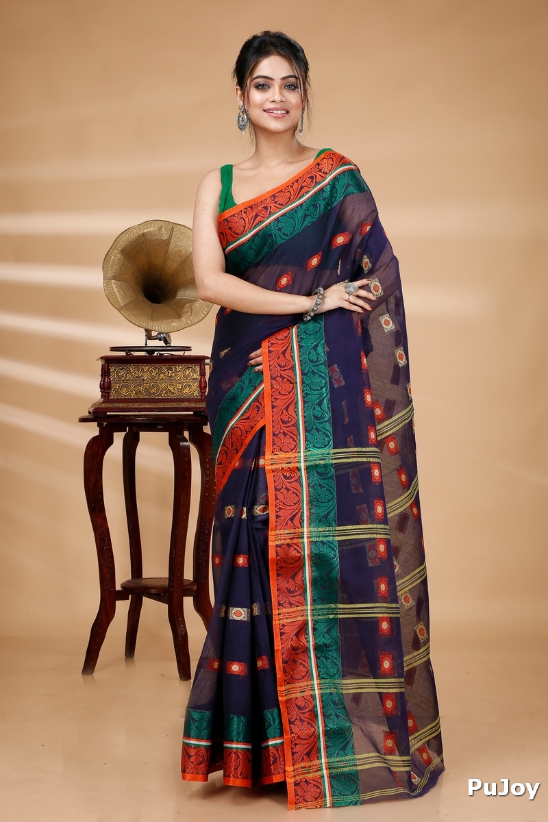 Blue Pure Cotton Pushti Desiging Tant Saree (230)