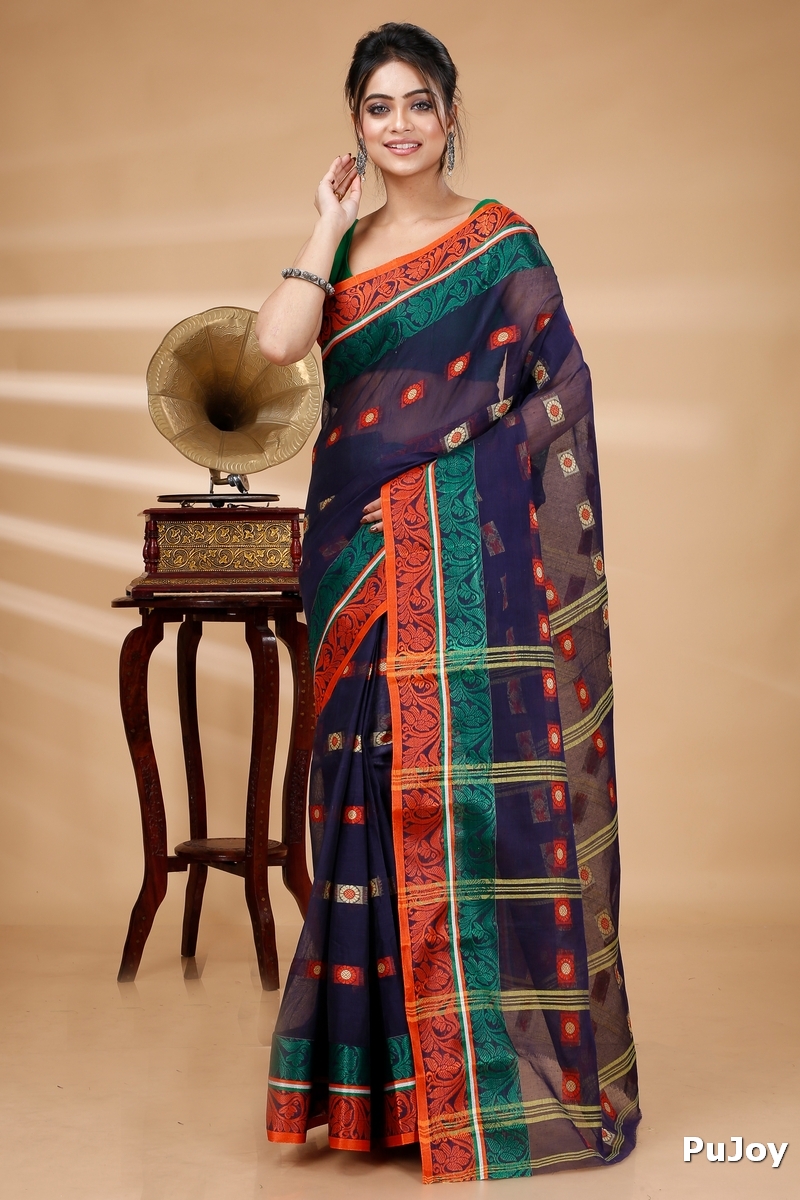 Blue Pure Cotton Pushti Desiging Tant Saree (230)