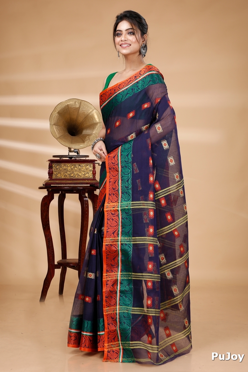 Blue Pure Cotton Pushti Desiging Tant Saree (230)
