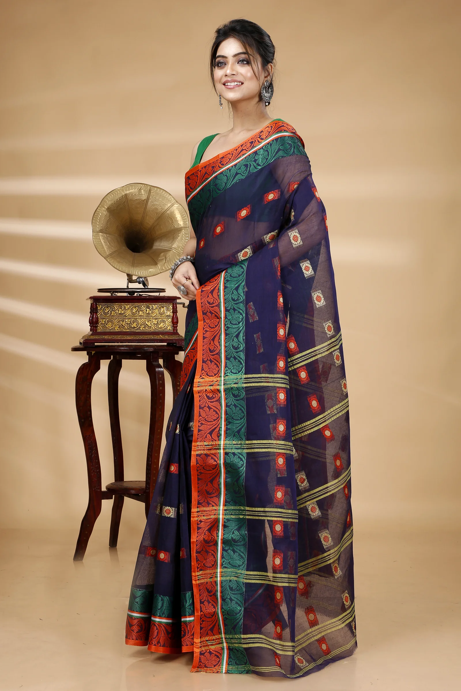 Blue Pure Cotton Pushti Desiging Tant Saree (230)
