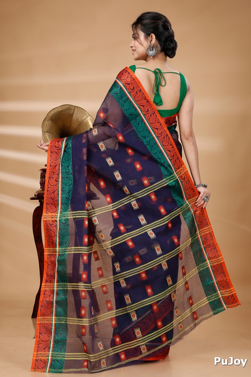 Blue Pure Cotton Pushti Desiging Tant Saree (230)