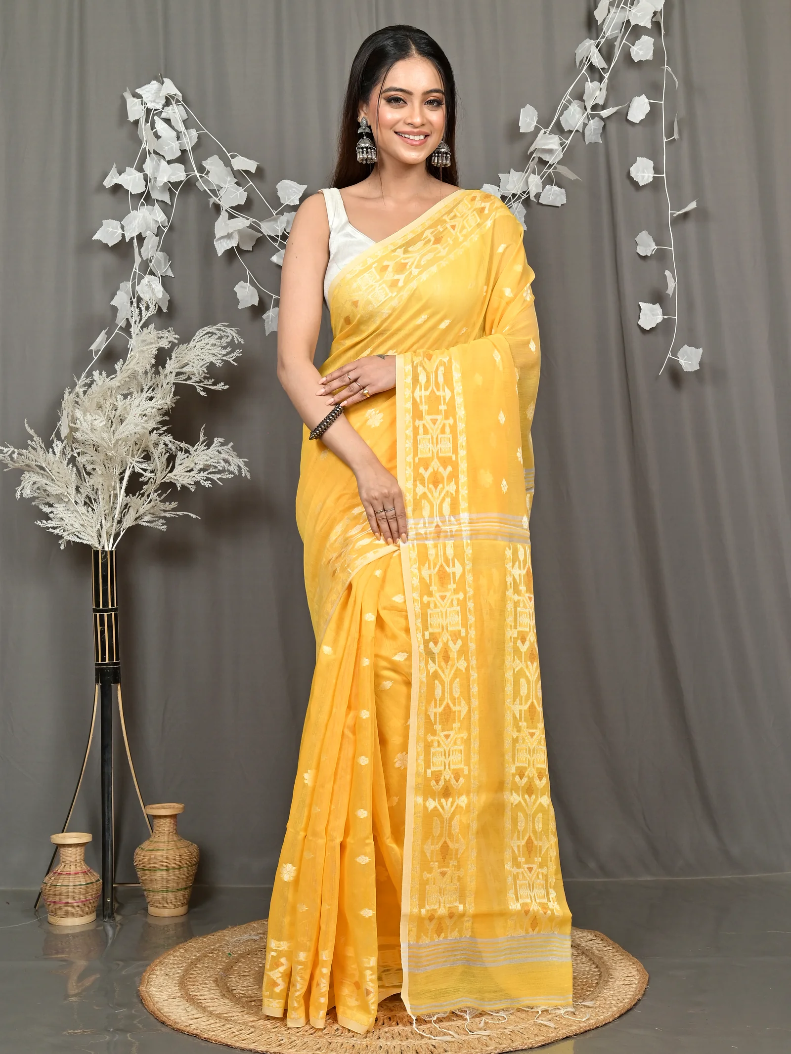 Yellow Cotton Blend Parlvi Handloom Saree (2301)