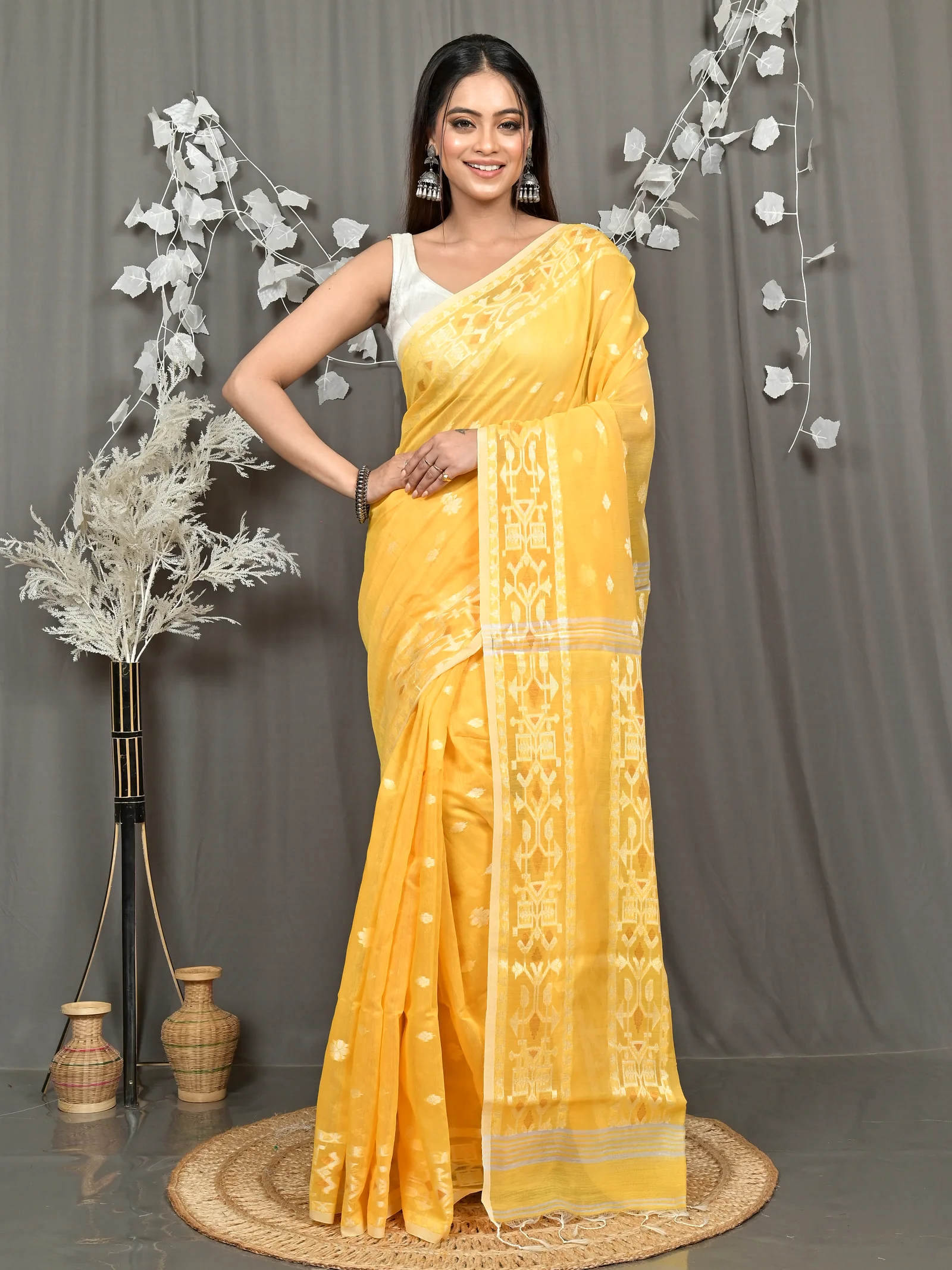 Yellow Cotton Blend Parlvi Handloom Saree (2301)