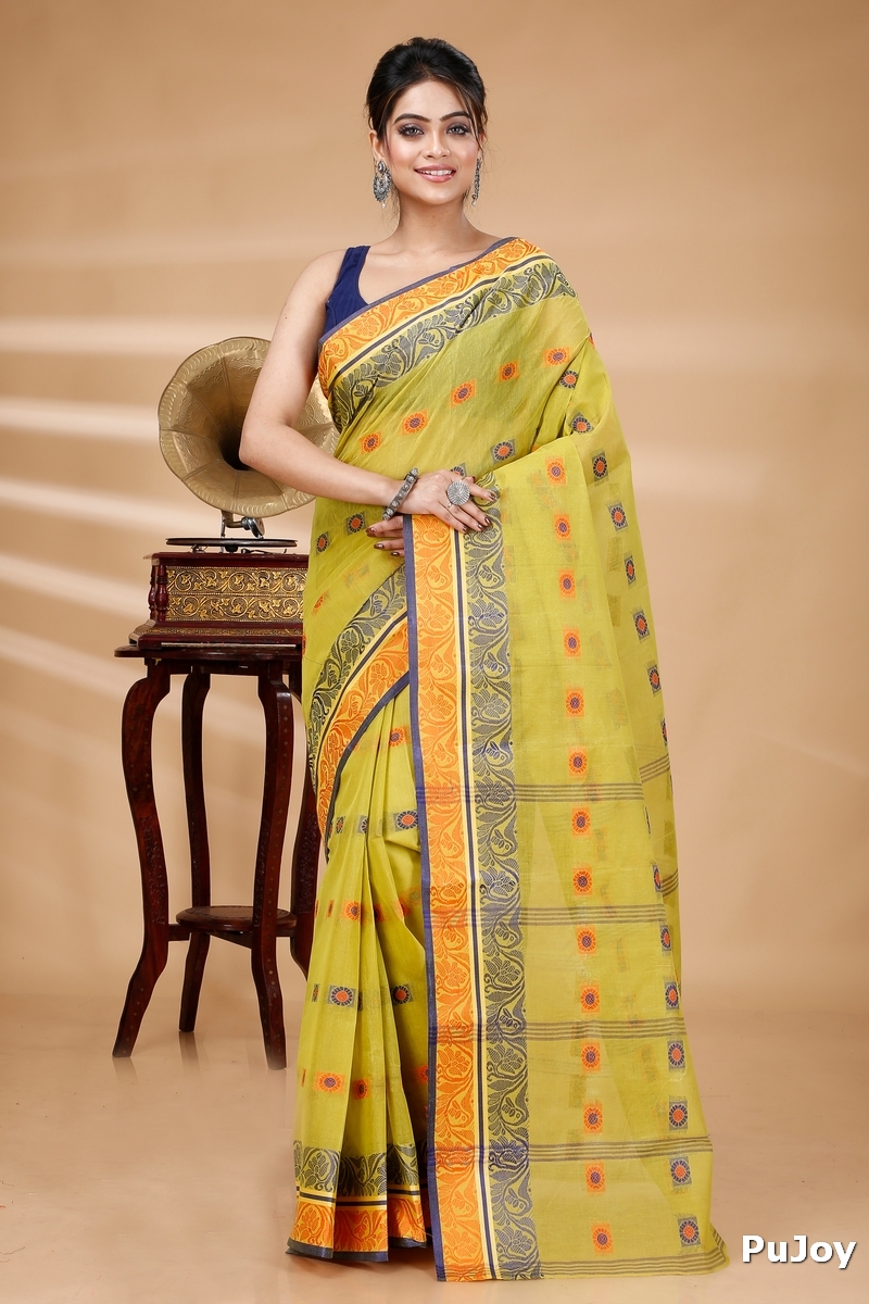 Mastered Yellow Pure Cotton Pushti Desiging Tant Saree (232)