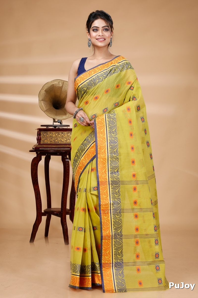 Mastered Yellow Pure Cotton Pushti Desiging Tant Saree (232)