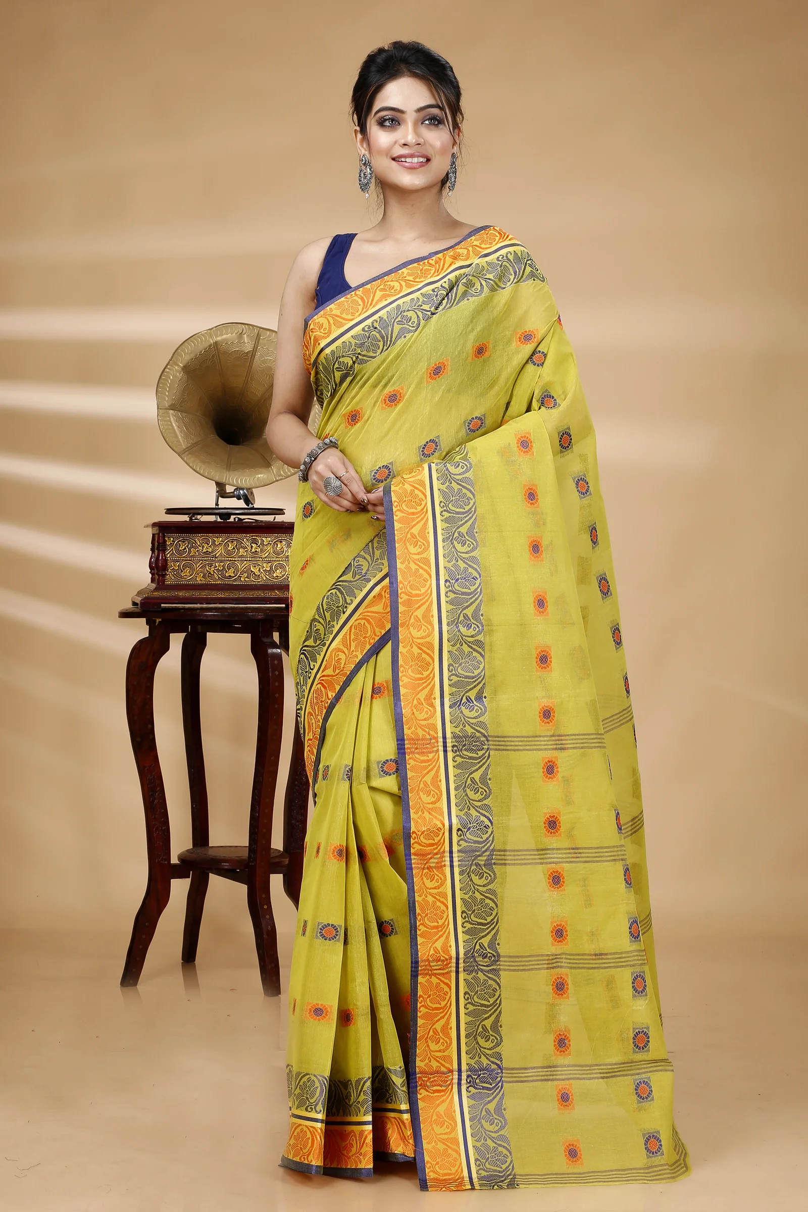 Mastered Yellow Pure Cotton Pushti Desiging Tant Saree (232)